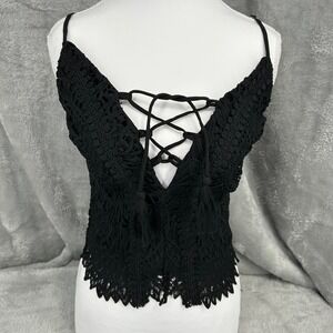 Willow Root Black Crochet Lace Up Corset Crop Top Boho Festival Sz S Whimsigoth